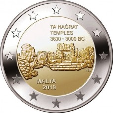 Изображение мальтийских доисторических комплексов - Та’ Хаджрат. 2 евро 2019 года.  Мальта. Из банковского ролла. (UNC)
