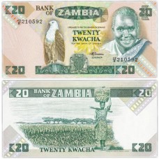 Банкнота 20 квача1980-1988. Замбия. Pick 27e. Из банковской пачки (UNC)