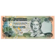 Банкнота 50 центов 2001 года  Багамские острова. Из банковской пачки 